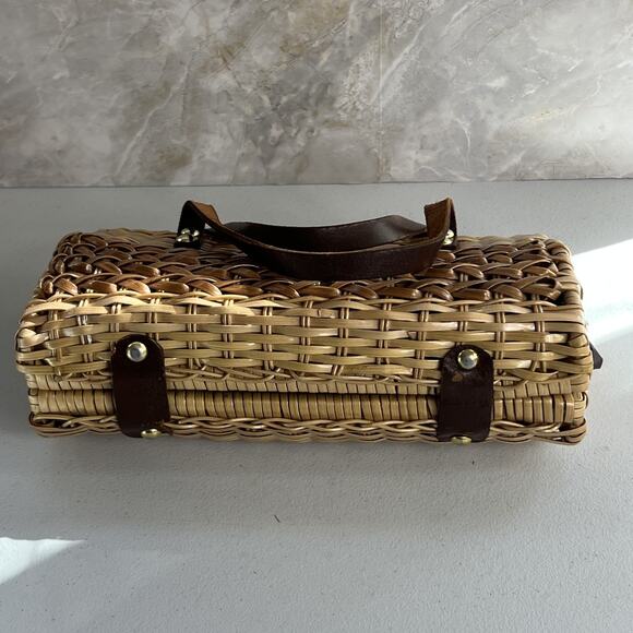 Vintage Wicker Handbag Leather Double Strap Twist Lock Brown Woven Hong Kong - Picture 4 of 13